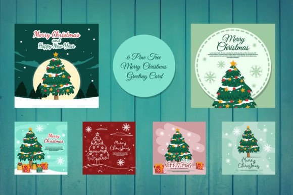 6 Pine Merry Christmas Greeting Card Illustrations
