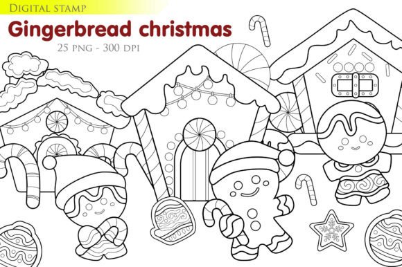 Gingerbread House Christmas HolidayStamp Illustrations