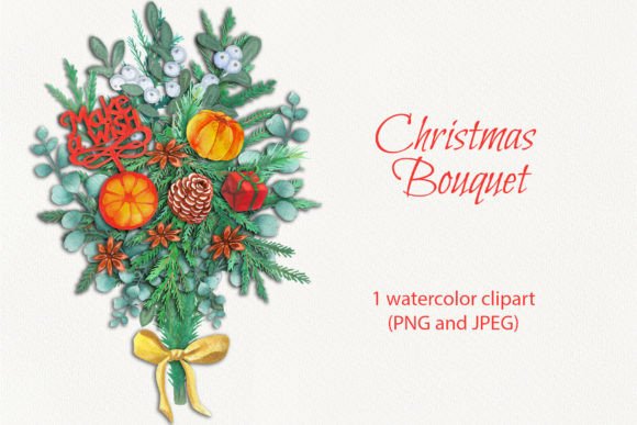 Watercolor Clipart Christmas Bouquet for Editorial Use