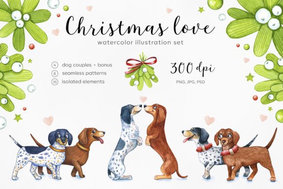 Watercolor Dogs Christmas Dachshunds Illustrations