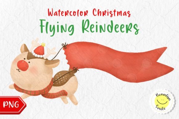 Watercolor Flying Christmas Reindeer Illustrations